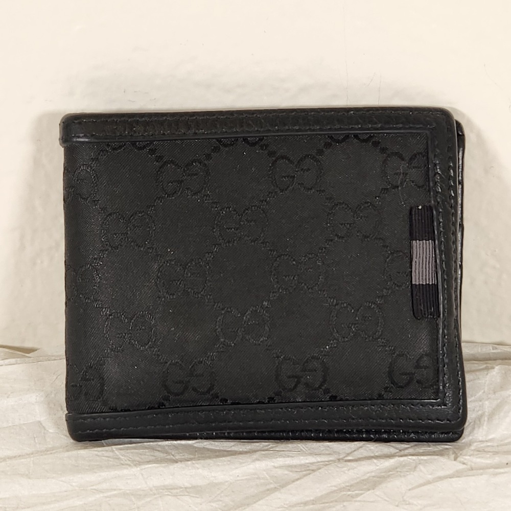 Gucci Canvas Black Men's Web Tab GG Guccissima Bifold Wallet